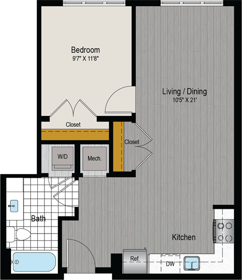 the floor plan of a bedroom apartment